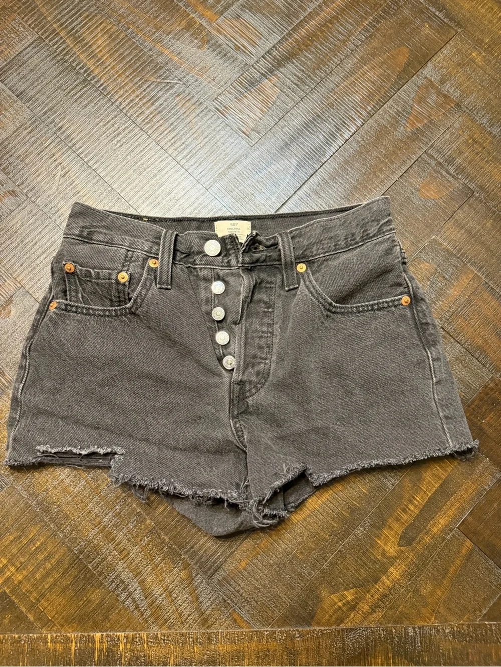 Levi's Charcoal Black Button-Fly Frayed Hem Jean Shorts